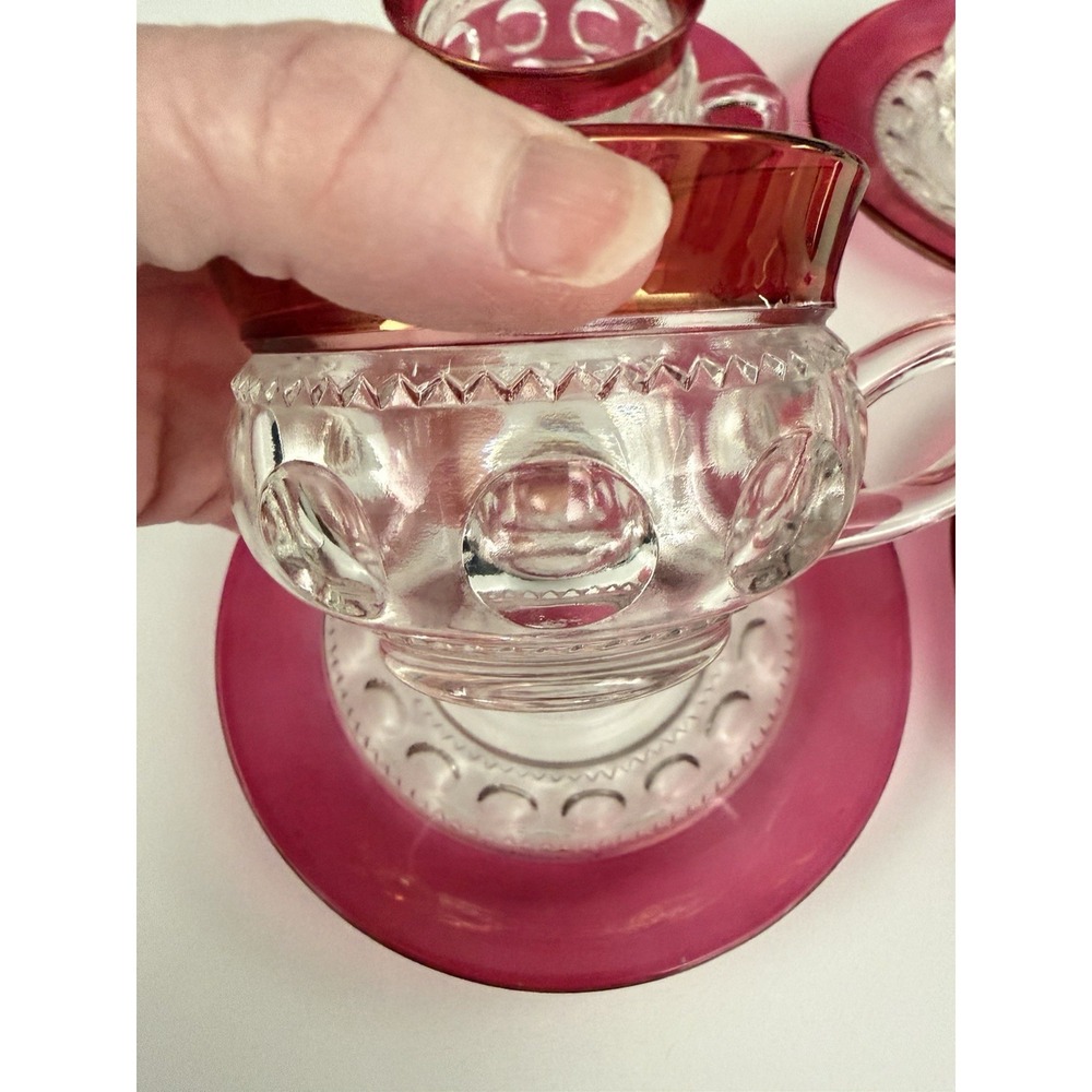 Indiana Glass Kings Crown Cranberry Thumbprint 8 pcs. Tea cups Saucers (4 Sets) - Picture 6 of 7